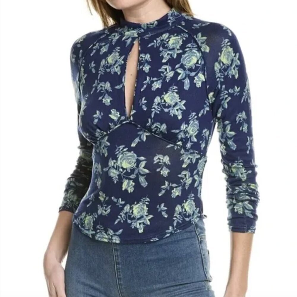 Free People Dinner Party Top Blouse Shirt Long Sleeve Printed Indigo New Size XS